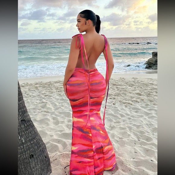 Tie-dye Print Ruffle Neck Halter Lace-up Backless Stretch Maxi Dress main image 1